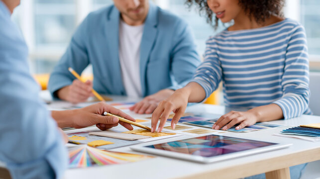 Creative team reviewing color samples and digital design layouts during collaborative meeting in modern office