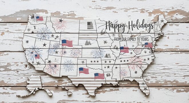 Happy holidays usa map design with american flags and rustic background
