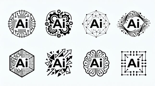 Eight black and white ai logos on a white background for technology