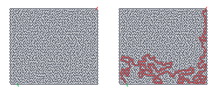 Hexagon maze for adults, hard printable logic game, find the way from start to exit, black and white, activity worksheet page with solution