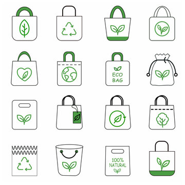 Reusable Eco Bag Collection Vector Illustration &ndash; Zero Waste, Organic, Recyclable Shopping Bag Line Icons Pack
