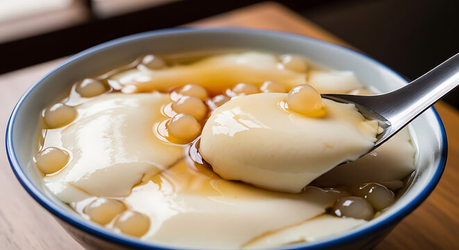 Traditional bowl of smooth soft tofu pudding with sweet ginger syrup and chewy tapioca pearls served in a ceramic bowl