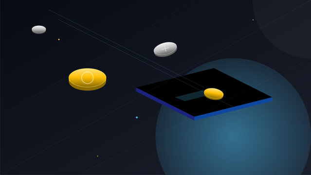 Abstract isometric 3D crypto currency digital assets floating on dark blue tech background illustration