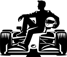 Naklejka premium Formula Racing Driver Sitting on Car and Holding Helmet Silhouette Vector