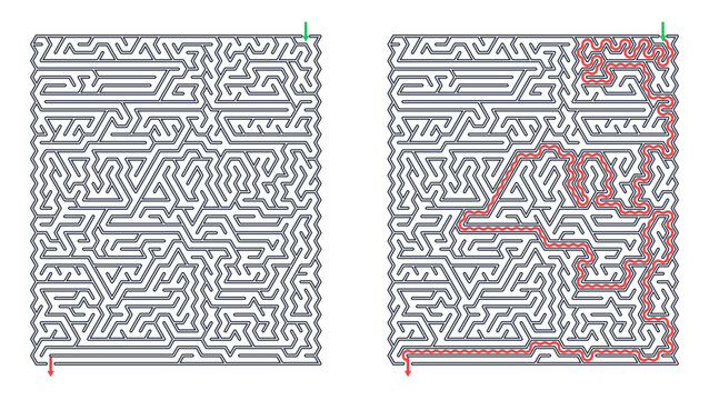 Rectangular maze for adults, medium difficulty printable logic game, find the way from start to exit, black and white, activity worksheet page with solution