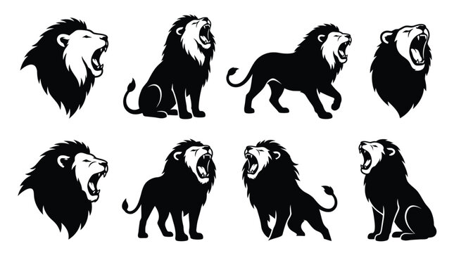 Black lion silhouettes roaring in different poses Vector