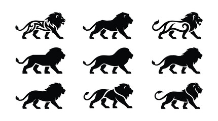 Naklejka premium Black lion silhouettes and tribal designs walking right Vector
