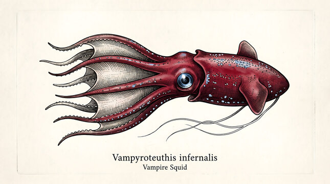 The Vampire Squid Vampyroteuthis Infernalis Swims Through Dark Ocean Water