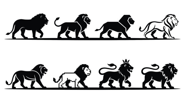 Lion silhouettes in different poses and styles Vector