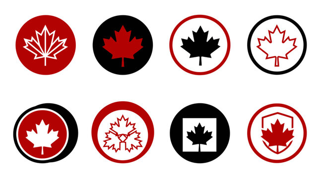 Maple Leaf Circular Icon Badge Set, Red and Black Canada Flag Sign Vector Illustrations, National Canadian Emblem, Shield, and Triple Leaf Symbols in Flat and Outline Style