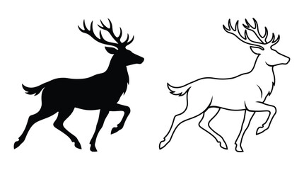 Fototapeta premium Deer Silhouette And Line Art Illustration On White Background Silhouette
