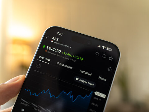 AEX index price chart is displayed on a smartphone screen in Bangalore, India, on June 15, 2026
