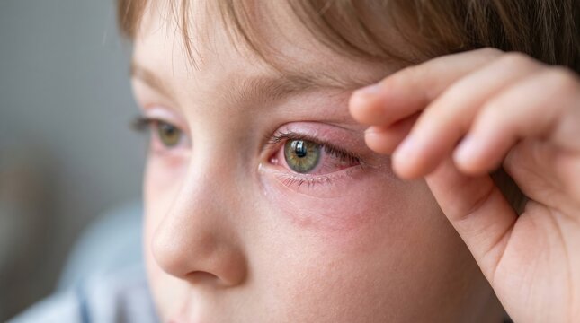 Child with severe eye irritation and redness irritation inflamed allergic reaction conjunctivitis infection