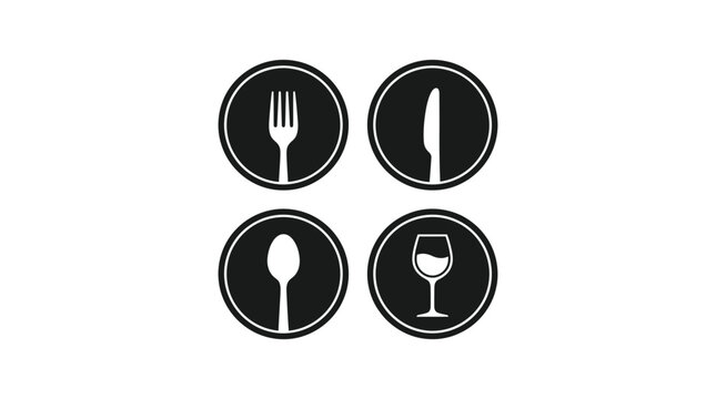 Cutlery Icons In Circles With White Background Silhouette