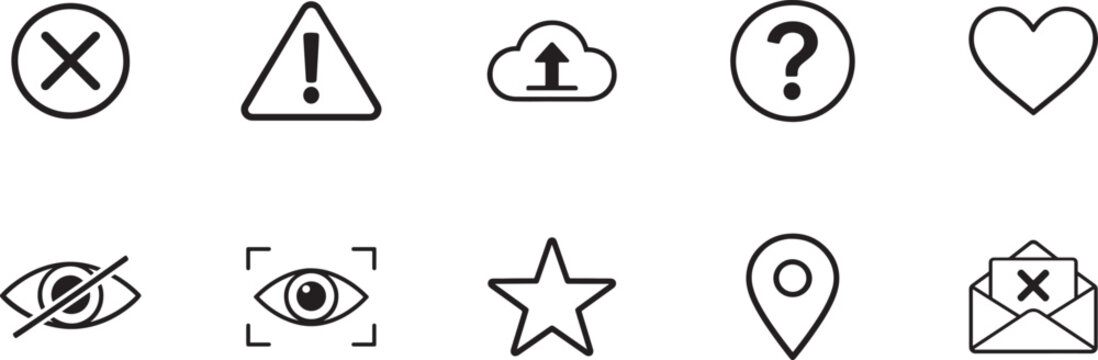 UI black line icon set with warning, cross, question, cloud, mail, heart, star, location and eye.