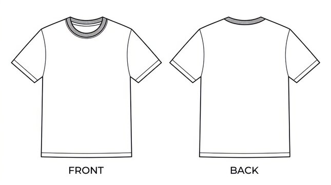 Black and white short sleeve t-shirt front and back view line drawing isolated on white background