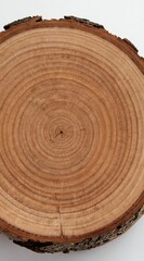 Obraz premium Tree trunk slice shows growth rings. Natural wood texture with rough bark edge. Brown circle pattern, organic background, aged timber detail.