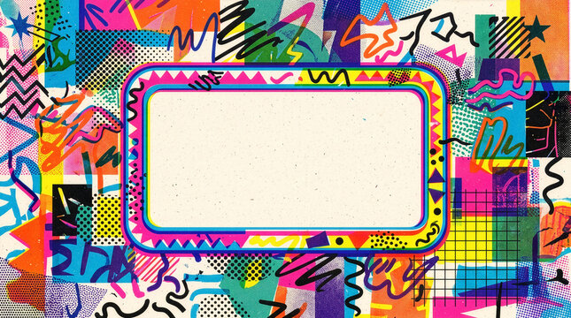 Marco con fondo gr&aacute;fico abstracto con concepto y color de los a&ntilde;os 80 y 90 con espacio para texto.