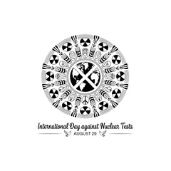 Fototapeta premium International day against nuclear tests emblem with world map and radioactive signs.