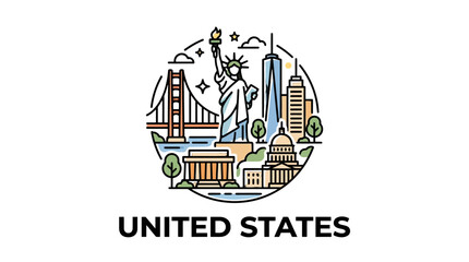 Fototapeta premium Illustrative depiction of iconic American landmarks including Statue of Liberty and NYC skyline in a colorful minimalist style