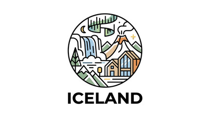 Fototapeta premium Minimalist Illustration of Iceland's Unique Natural Landscape with Waterfalls Volcanoes and Greenery