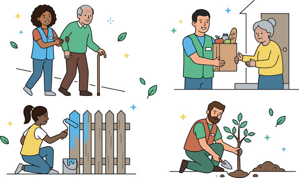 Volunteers helping senior citizens with walking and grocery delivery while others plant trees and paint fences to support their local neighborhood community