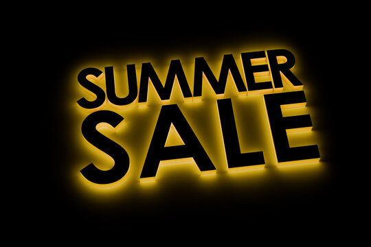 "SUMMER SALE" text in 3d black on black with yellow glow light effect around. Pure black around for easy expandability