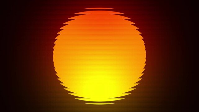 Retro 80s style sunset or sunrise background, synthwave and retrowave aesthetic glowing orange and yellow sun with horizontal scanlines and jagged edges