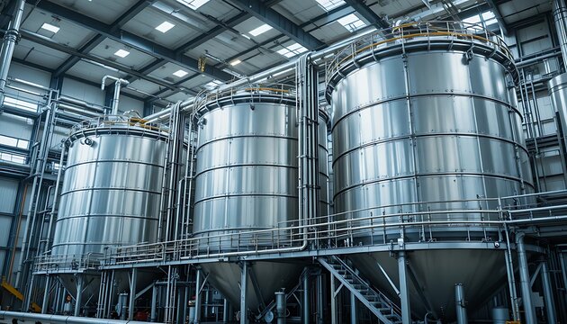 Large stainless steel industrial storage tanks in a modern chemical manufacturing factory. cooking oil waste