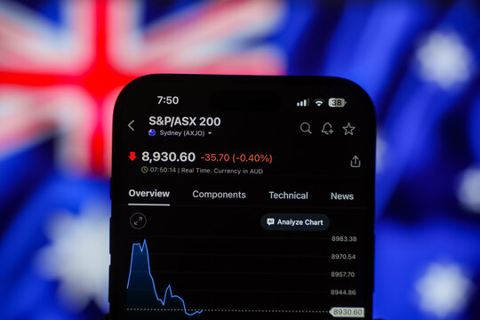 ASX 200 Index price chart is displayed on a smartphone screen in Bangalore, India, on June 15, 2026