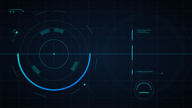 Futuristic digital hud interface display screen with circular scanning elements and technology data graphics