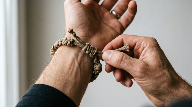 Person tightening a knotted paracord bracelet on their wrist with bracelet paracord accessory tactical tightening