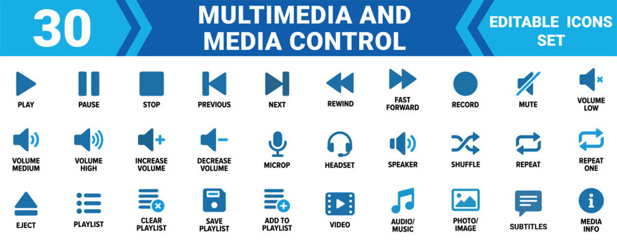 Set of 30 multimedia and media control icons for video and audio player interface design Vector