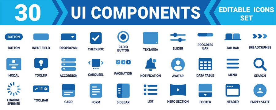 Set of 30 blue ui components and web interface icons for website and mobile app design development Vector
