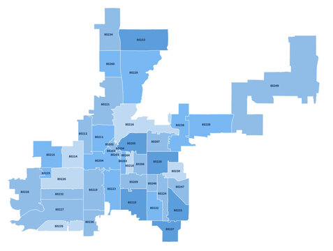 Denver Colorado ZIP Code Map, Labeled Editable Boundaries