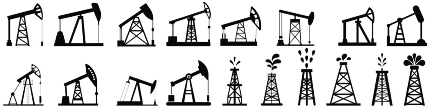 Collection of oil pump jack and drilling tower silhouettes for energy industry use