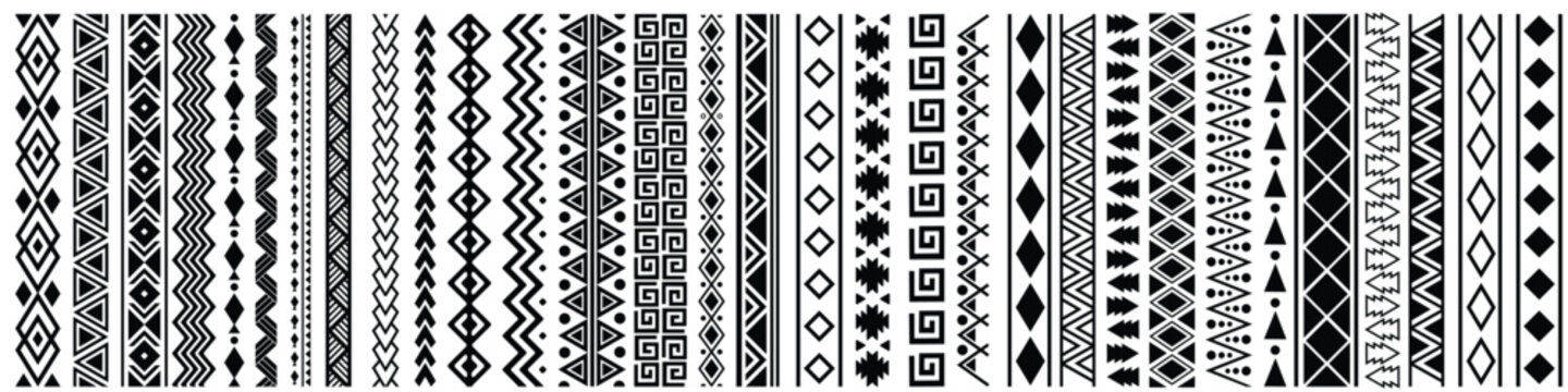 Seamless black and white tribal patterns collection for textile design and decorative elements