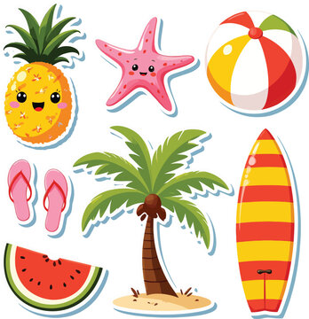 Summer themed Vector Illustration With Tropical Fruits Beach Items And Palm Tree