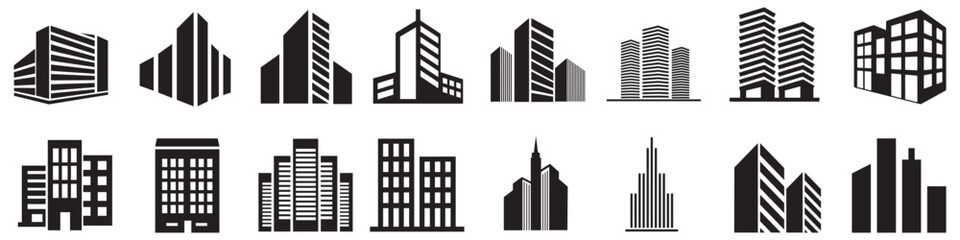 Fototapeta premium Black and white cityscape building icons set