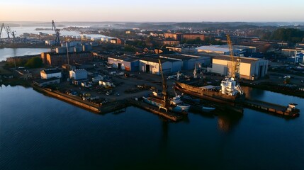 Fototapeta premium A complex shipyard landscape is defined by long shadows and soft contours creating a harmonious and dramatic mood over the water