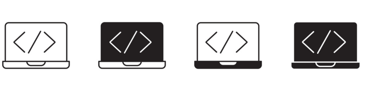 Laptop with coding symbols icon set line art and solid fill variations