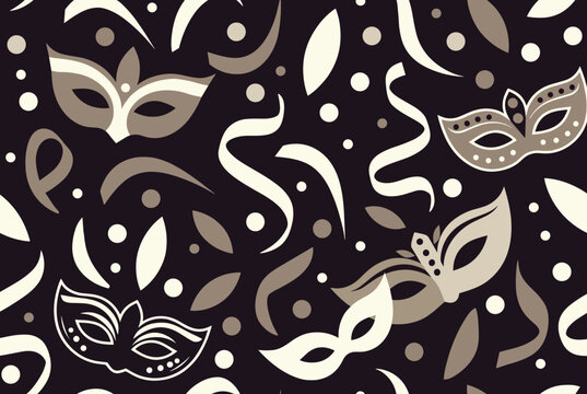 Monochrome carnival masquerade masks seamless pattern with white and grey masks, confetti, and ribbons on a dark background.