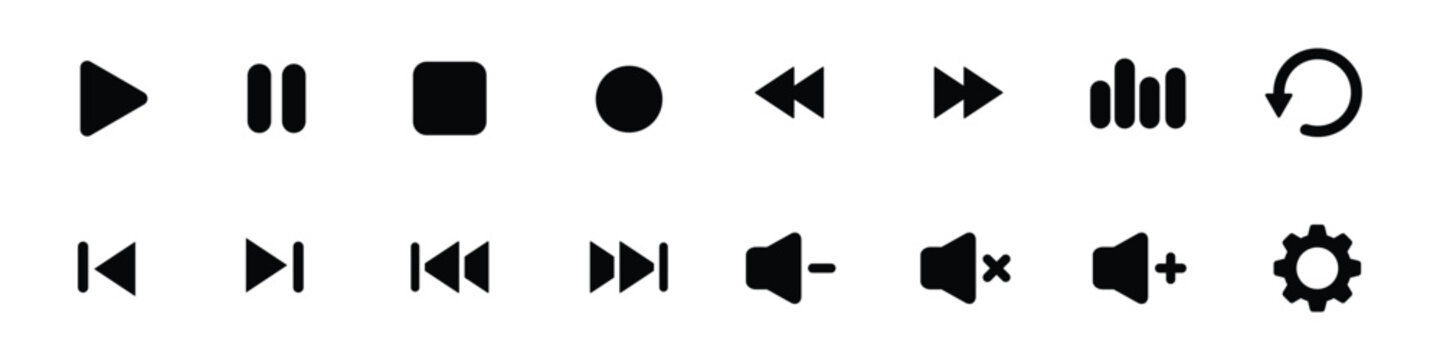 Black media player control icons on white background