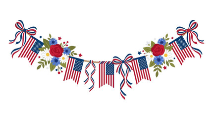 Obraz premium Patriotic garland, American flag banners, floral decorations, Independence Day decor