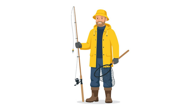 Man in yellow jacket holding fishing rod and net standing outdoors