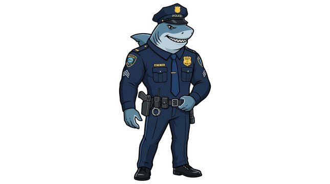 Cartoon shark character dressed as a police officer standing confidently outdoors