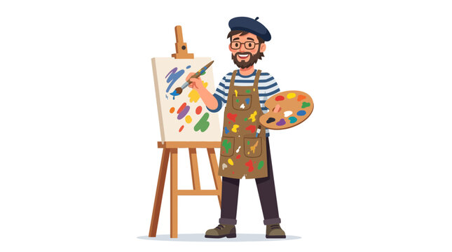 An artist is painting on canvas with brush and palette standing indoors.