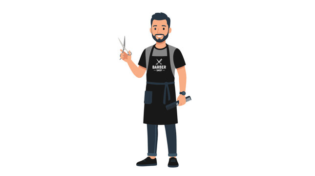 A man wearing an apron holds scissors and a comb standing indoors.