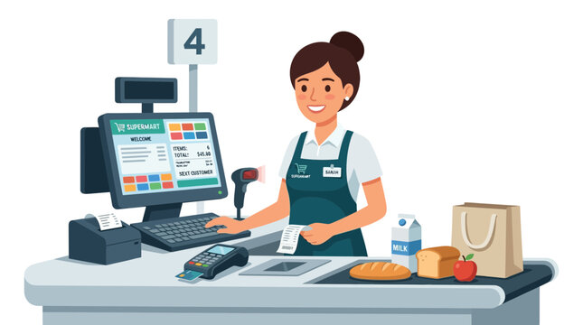 Woman working at grocery store checkout with food and drinks on counter