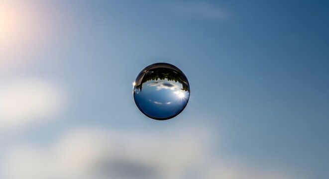 Water droplet captures the inverted reflection of a blue sky and distant horizon within its spherical shape.